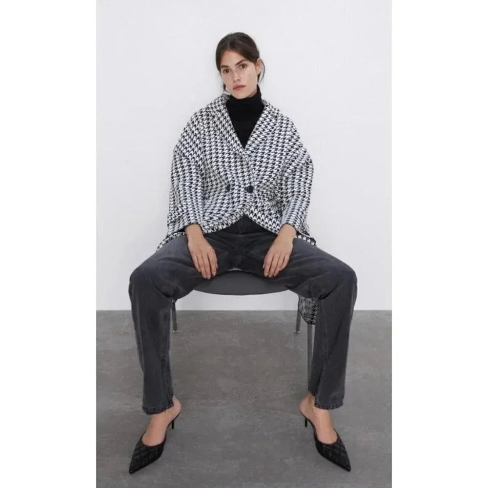 ZARA Houndstooth Coat Women’s Small Long Viscose Blend - Picture 3 of 9